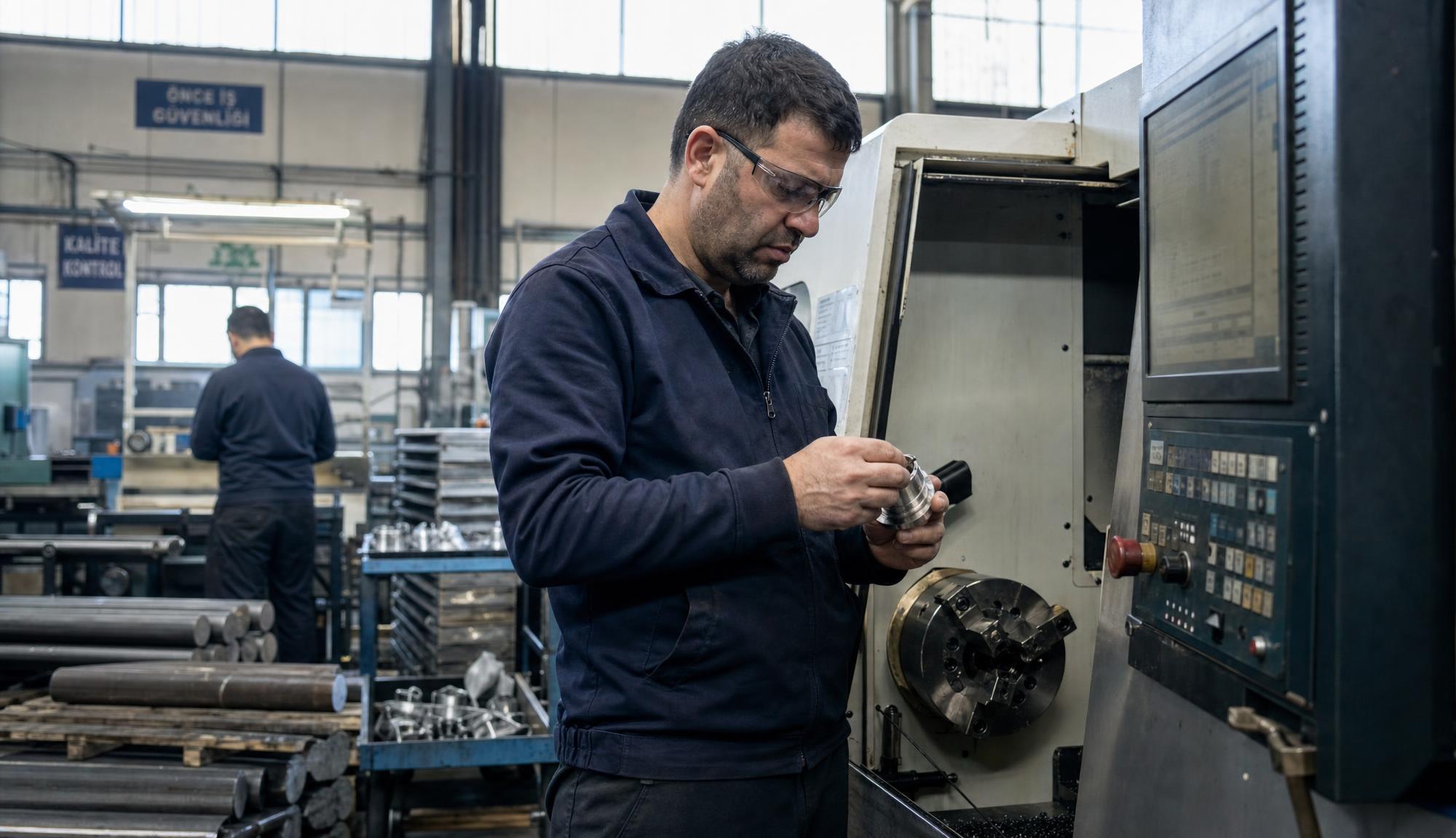 Üretim atölyesinde tezgâh başında işlenmiş parçayı kontrol eden bir operatör