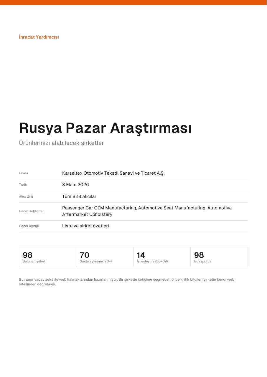 Karseltex için hazırlanan Rusya pazar araştırması raporunun kapak sayfası